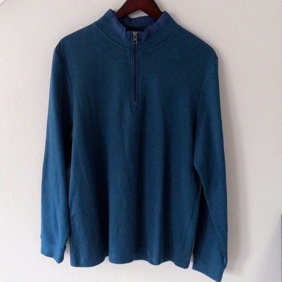 Bugatchi Large Mock Neck Heather Quarter Zip Sweater-Pullover-Peacock-Nylon Trim - Picture 1 of 10